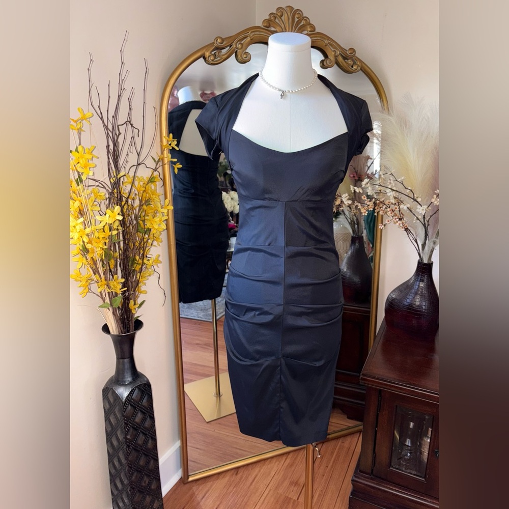Vtg CACHE Dress Womens Size 4 Black Satin Ruched Bodycon Cap Sleeves  Y2K